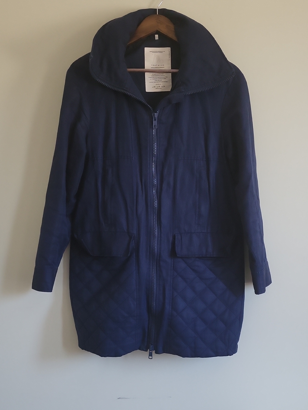 Zara Twill Quilted Zip Trench Coat In Navy Blue
